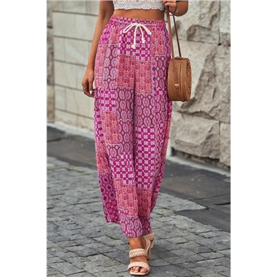 Purple Boho Patchwork Print Drawstring Wide Leg Pants