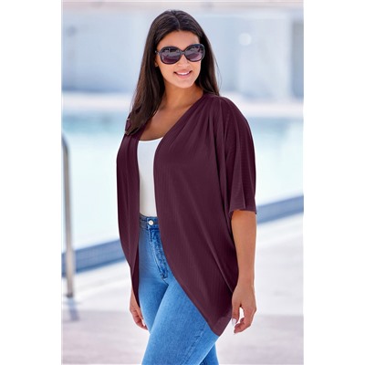 Purple Shimmer Ribbed Texture Plus Size Cardigan