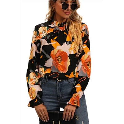 Black Floral Print Mock Neck Blouse