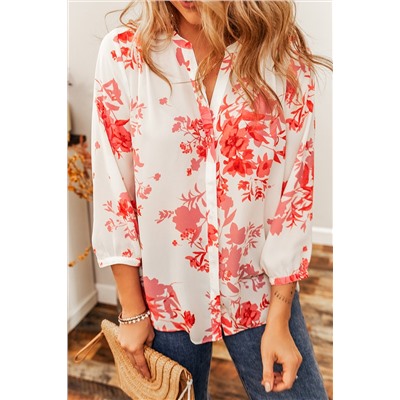 Printed Plant Print Pleated Back V Neck Shift Casual Shirt