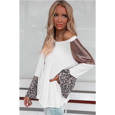 White Sequin Patchwork Bell Sleeve V Neck Tunic Top