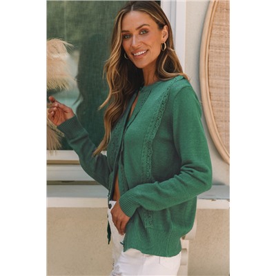 Green Lace Trim Ribbed Round Neck Button Up Cardigan