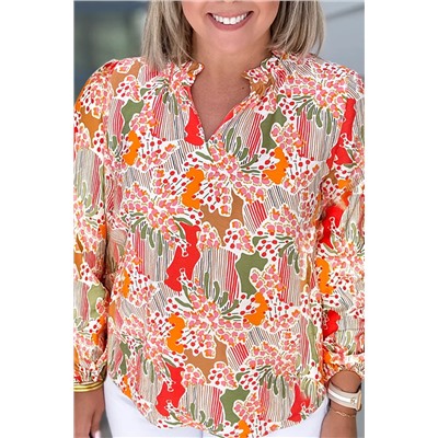 Orange Printed Floral Abstract Print Frilled V Neck Plus Size Blouse