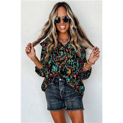 Multicolour Abstract Print 3/4 Puff Sleeve Ruffle Blouse