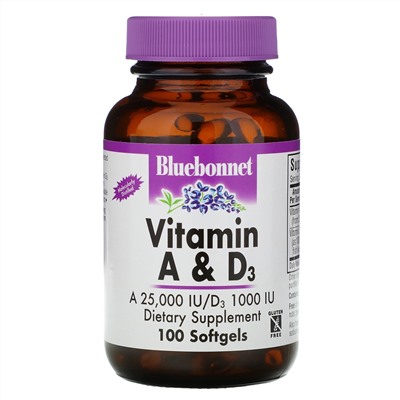 Bluebonnet Nutrition, витамины A и D3, 100 капсул