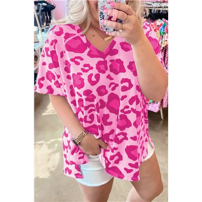 Rose Leopard Print V Neck Plus Size Tee