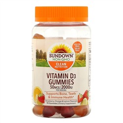 Sundown Naturals, Витамин D3, жевательные конфеты со вкусом клубники, апельсина и лимона, 25 мкг (1000 МЕ), 90 жевательных конфет