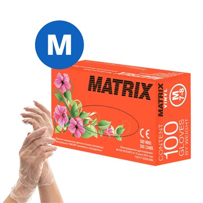 Перчатки виниловые MATRIX, размер M, 100 шт., короб 10 уп.