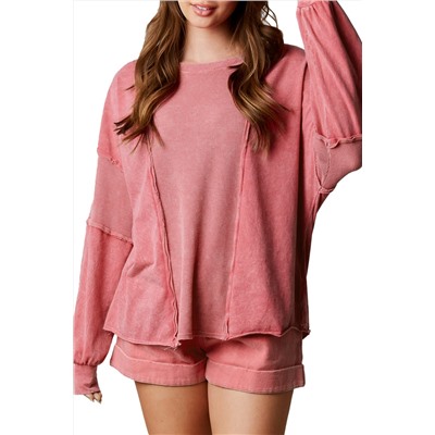 Rose Mineral Wash Patchwork Exposed Seam Sweatshirt