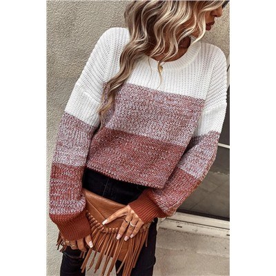 Brown Color Block Drop Shoulder Ribbed Trim Sweater