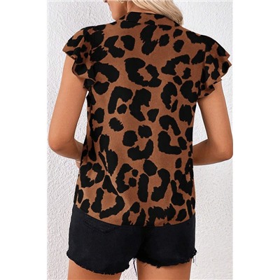 Brown Leopard Ruffled Flutter Sleeve Split Neck Blouse