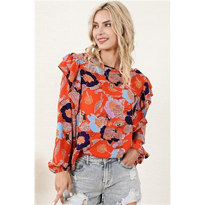 Red Floral Print Ruffle Puff Sleeve Blouse