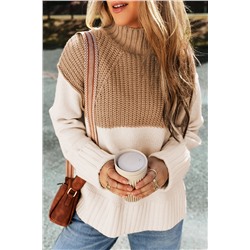 Parchment Cable Knit Color Block Side Splits High Neck Sweater
