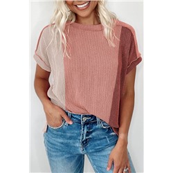 Apricot Pink Textured Colorblock Crew Neck T Shirt