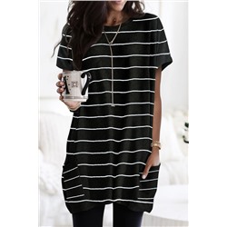 Black Striped Print Side Pockets Short Sleeve Tunic Top