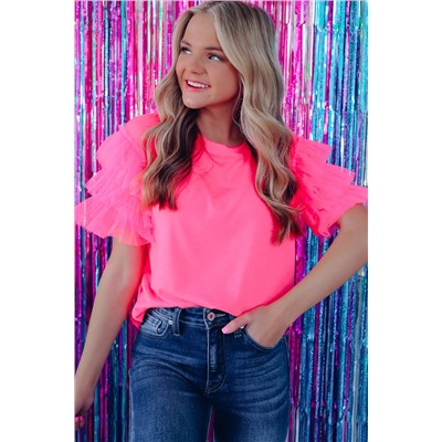 Pink Tulle Ruffle Sleeve Top