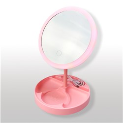 Зеркало для макияжа с подсветкой RIYE Electronic, круглое розовое на розовой круглой подставке (d=18см)