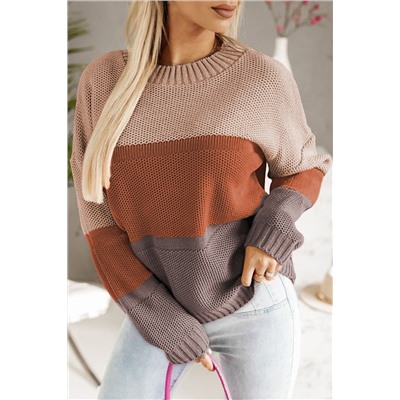 Brown Stripe Color Block Drop Shoulder Round Neck Knit Sweater