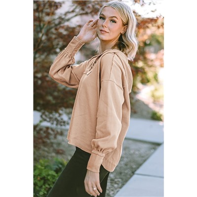 Khaki Buttoned V Neck Drawstring Knit Hoodie