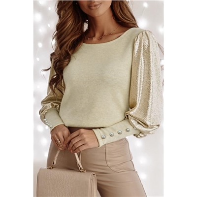 Khaki Buttoned Cuffs Shiny Puff Sleeves Top