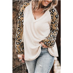 Beige Printed Plus Size Waffle Knit Contrast Leopard Long Sleeve Top