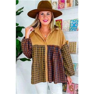 Mustard Contrast Plaid Print Puff Sleeve Shirt