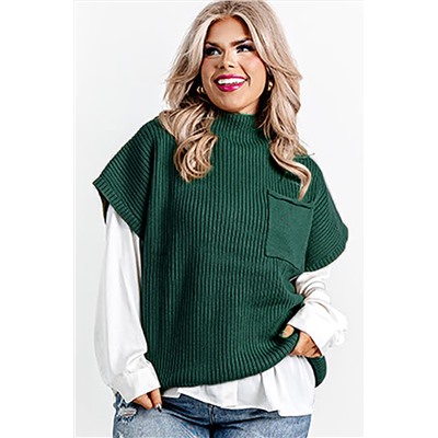 Jungle Green Plus Size Mock Neck Chest Pocket Short Sleeve Sweater