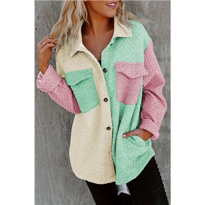 Green Color Block Patchwork Flap Pocket Quilted Shacket