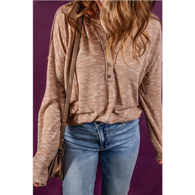 Chestnut Rib Knit Drop Shoulder Long Sleeve Henley Top