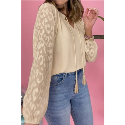 Leopard Mesh Bubble Sleeve Split Neck Blouse