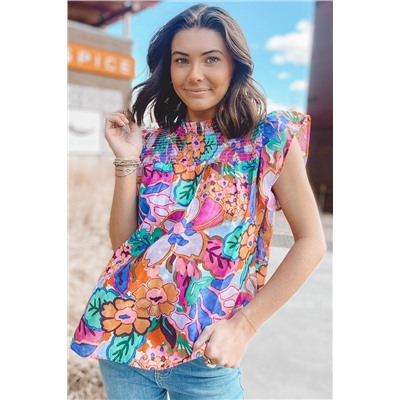 Multicolor Floral Print Flutter Sleeves Smocked Neck Blouse