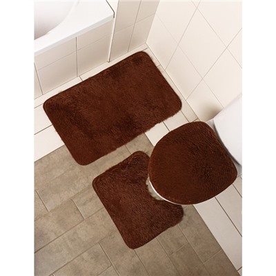 Набор ковриков для ванной и туалета Доляна «Пушистик», 3 шт, 45×40, 40×50, 50×80 см, цвет коричневый