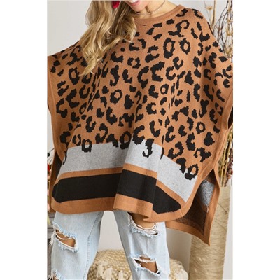 Camel Leopard Print Poncho Sweater