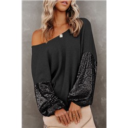 Black Sequin Patchwork Sleeve Open Back Waffle Knit Top