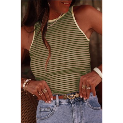 Green Stripe Striped Print Ribbed Knit Sleeveless Top