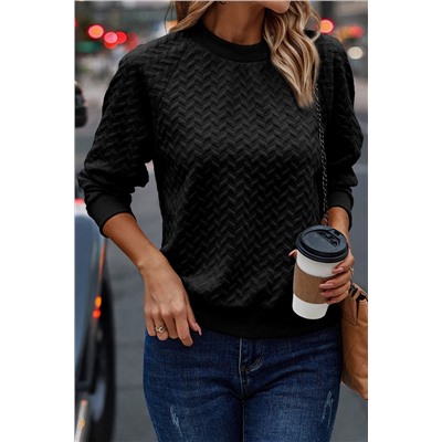 Black Solid Textured Raglan Sleeve Pullover Sweatshirt