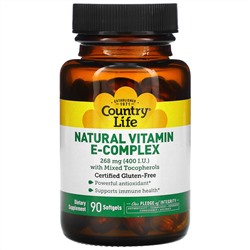 Country Life, комплекс натуральных витаминов группы E со смешанными токоферолами, 268 мг (400 МЕ), 90 капсул