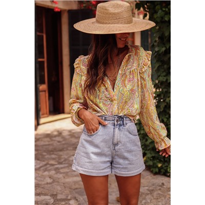 Yellow Paisley Print Ruffled Trim Boho Shirt