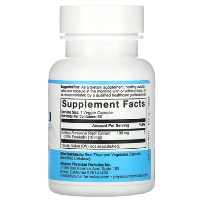 Advance Physician Formulas, Форсколин - экстракт корня колеус форсколии, 100 мг, 60 капсул