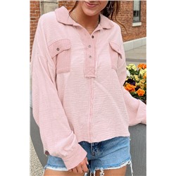 Pink Long Sleeve Flap Pocket Henley Top