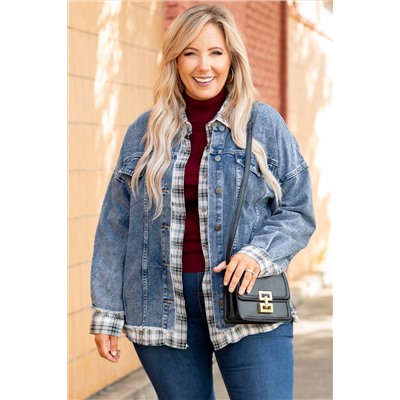 Sky Blue Plaid Hem Splicing Plus Size Denim Jacket