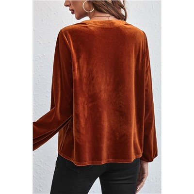 Gold Flame Lantern Sleeve Beaded Split V Neck Velvet Top