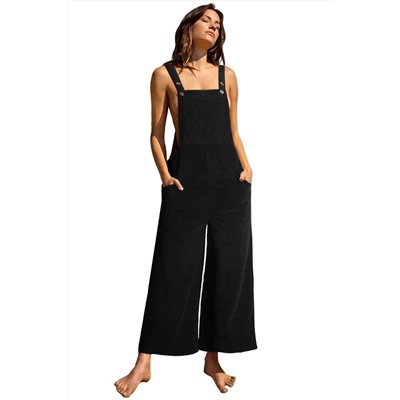 Black Solid Color Corduroy Wide Leg Bib Overalls