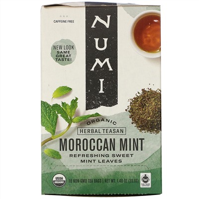 Numi Tea, Organic Herbal Teasan, Moroccan Mint, Caffeine Free, 18 Tea Bags, 1.40 oz (39.6 g)