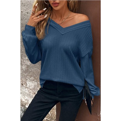 Real Teal V Neck Textured Long Sleeve Top