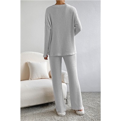 Light Grey Ribbed Knit V Neck Slouchy Two-piece Outfit