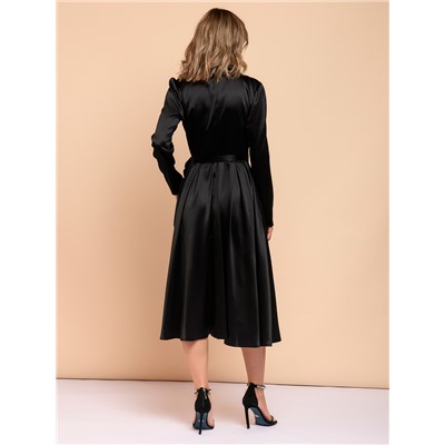 Платье черное длины миди с объемными плечами и длинными рукавами