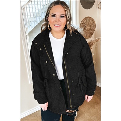 Black Plus Size Button Zipped Corduroy Jacket