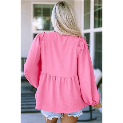 Pink Frilled V Neck Puff Sleeve Babydoll Blouse