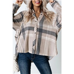 Khaki High Low Brushed Plaid Oversize Shacket